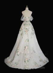 A-Line Tulle With Flower Lace White Wedding Party Dress, White Tulle Evening Dress Evening Prom Dress