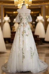 A-Line Tulle With Flower Lace White Wedding Party Dress, White Tulle Evening Dress Evening Prom Dress