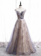 A-line Tulle with Lace Applique Party Dress, Tulle Long Evening Prom Dress