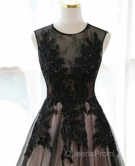 A-Line Tulle With Lace Round Neckline Floor Length Party Dress Black Evening Prom Dress Formal Dress