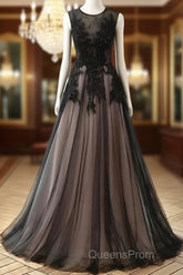 A-Line Tulle With Lace Round Neckline Floor Length Party Dress Black Evening Prom Dress Formal Dress