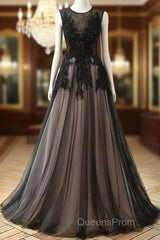 A-Line Tulle With Lace Round Neckline Floor Length Party Dress Black Evening Prom Dress Formal Dress