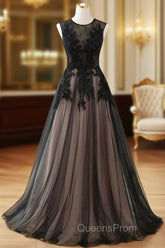 A-line Tulle with Lace Round Neckline Floor Length Party Dress, Black Evening Prom Dress