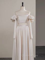 A-Line Two Pieces Satin Champagne Long Evening Prom Dress, Champagne Formal Dress