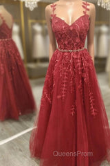 A Line V Neck and V Back Burgundy Lace Floral Long Evening Prom Dress, Burgundy Lace Formal Evening Dress