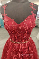 A Line V Neck and V Back Burgundy Lace Floral Long Evening Prom Dress, Burgundy Lace Formal Evening Dress