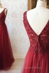 A Line V Neck and V Back Long Beading Lace Burgundy Evening Prom Dress, Lace Burgundy Formal Graduation Evening Dress