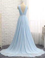 A Line V Neck and V Back Sky Blue Chiffon Long Evening Prom Dress, V Neck Blue Formal Dress, Blue Evening Dress