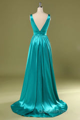 A Line V Neck and V Back Turquoise Long Evening Prom Dress with Slit, Turquoise Formal Graduation Evening Dress