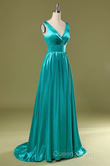 A Line V Neck and V Back Turquoise Long Evening Prom Dress with Slit, Turquoise Formal Graduation Evening Dress