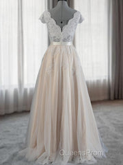 A-Line V-Neck Appliques Lace Floor-Length Lace Wedding Dress