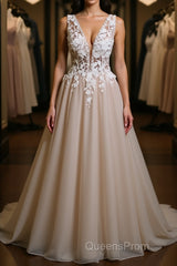 A Line V Neck Appliques Lace Evening Prom Dress, Lace Formal Graduation Evening Dress