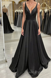 A Line V Neck Backless Black Long Evening Prom Dress, V Neck Black Formal Dress, Backless Black Evening Dress
