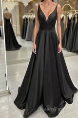 A Line V Neck Backless Black Long Evening Prom Dress, V Neck Black Formal Dress, Backless Black Evening Dress