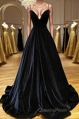 A Line V Neck Backless Black Velvet Long Evening Prom Dress, V Neck Black Formal Dress, Black Velvet Evening Dress