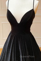 A Line V Neck Backless Black Velvet Long Evening Prom Dress, V Neck Black Formal Dress, Black Velvet Evening Dress
