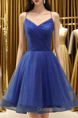 A Line V Neck Backless Blue Tulle Evening Prom Dress, Backless Blue Homecoming Dress, Short Blue Formal Evening Dress