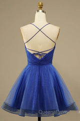 A Line V Neck Backless Blue Tulle Evening Prom Dress, Backless Blue Homecoming Dress, Short Blue Formal Evening Dress