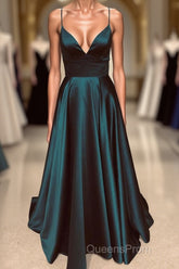 A Line V Neck Backless Long Evening Prom Dress Simple Dark Green Formal Evening Gowns