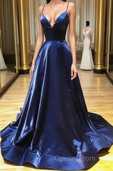 A Line V Neck Backless Navy Blue Evening Prom Dress, Open Back Navy Blue Formal Evening Dress