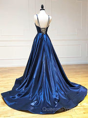 A Line V Neck Backless Navy Blue Evening Prom Dress, Open Back Navy Blue Formal Evening Dress