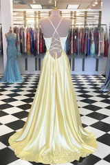 A Line V Neck Backless Yellow Satin Long Evening Prom Dress, Yellow Backless Formal Dress, Yellow Evening Dress