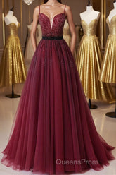 A Line V Neck Beaded Burgundy Tulle Long Evening Prom Dress, Beaded Burgundy Formal Graduation Evening Dress