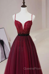 A Line V Neck Beaded Burgundy Tulle Long Evening Prom Dress, Beaded Burgundy Formal Graduation Evening Dress