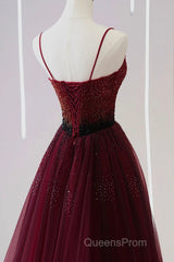 A Line V Neck Beaded Burgundy Tulle Long Evening Prom Dress, Beaded Burgundy Formal Graduation Evening Dress