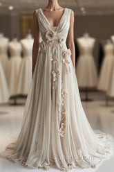 A-Line V-Neck Beaded Chiffon Long Evening Prom Dress, Vintage Applique Wedding Dress