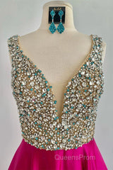 A Line V Neck Beaded Fuchsia Long Evening Prom Dress, V Neck Fuchsia Formal Dress, Beaded Fuchsia Evening Dress
