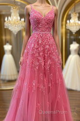 A Line V Neck Beaded Hot Pink Lace Long Evening Prom Dress, Hot Pink Lace Formal Graduation Evening Dress