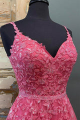 A Line V Neck Beaded Hot Pink Lace Long Evening Prom Dress, Hot Pink Lace Formal Graduation Evening Dress