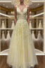 A Line V Neck Beaded Yellow Lace Tulle Long Evening Prom Dress, Yellow Lace Formal Dress, Beaded Yellow Evening Dress