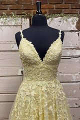 A Line V Neck Beaded Yellow Lace Tulle Long Evening Prom Dress, Yellow Lace Formal Dress, Beaded Yellow Evening Dress