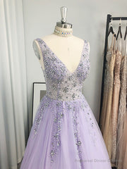 A-line V-neck Beading Floor-Length Tulle Dress