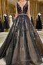 A Line V Neck Black Lace Evening Prom Dress, Black Lace Formal Evening Dress