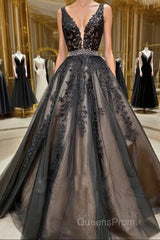 A Line V Neck Black Lace Evening Prom Dress, Black Lace Formal Evening Dress