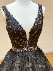 A Line V Neck Black Lace Evening Prom Dress, Black Lace Formal Evening Dress