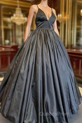 A Line V Neck Black Evening Prom Dress With Pocket Long Satin Formal Graduation Dress