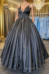A Line V Neck Black Satin Long Evening Prom Dress with Pocket, V Neck Black Formal Graduation Evening Dress