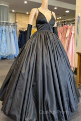 A Line V Neck Black Satin Long Evening Prom Dress with Pocket, V Neck Black Formal Graduation Evening Dress
