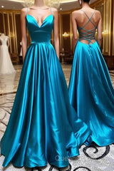 A Line V Neck Blue Backless Long Evening Prom Dress, Open Back Blue Long Formal Evening Dress