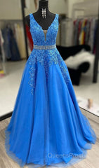 A Line V Neck Blue Lace Long Evening Prom Dress with Belt, Blue Lace Formal Evening Dress