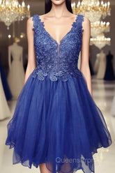 A Line V Neck Blue Lace Short Evening Prom Dress, Blue Lace Homecoming Dress, Short Blue Formal Evening Dress