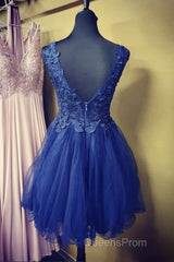 A Line V Neck Blue Lace Short Evening Prom Dress, Blue Lace Homecoming Dress, Short Blue Formal Evening Dress