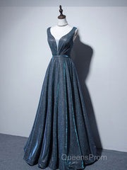 A-line V Neck Blue Long Evening Prom Dress, Blue Formal Dress