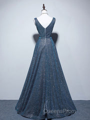 A-line V Neck Blue Long Evening Prom Dress, Blue Formal Dress