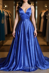 A Line V Neck Blue Long Evening Prom Dress, V Neck Blue Formal Graduation Evening Dress
