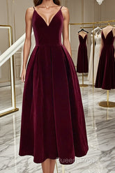 A Line V Neck Burgundy Black Tea Length Evening Prom Dress, Short Black Wine Red Formal Homecoming Dress